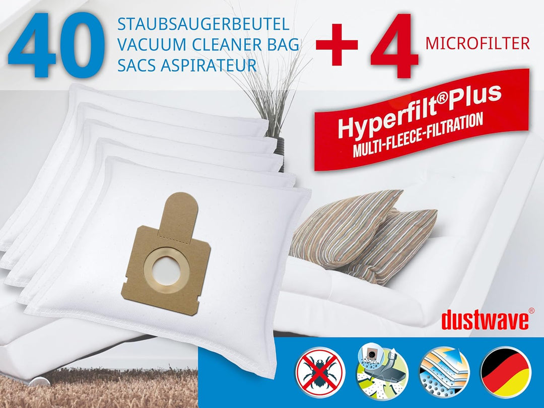 Dustwave® 40 Staubsaugerbeutel für Hoover H 63 / H63 - hocheffizient, mehrlagiges Mikrovlies mit Hyg