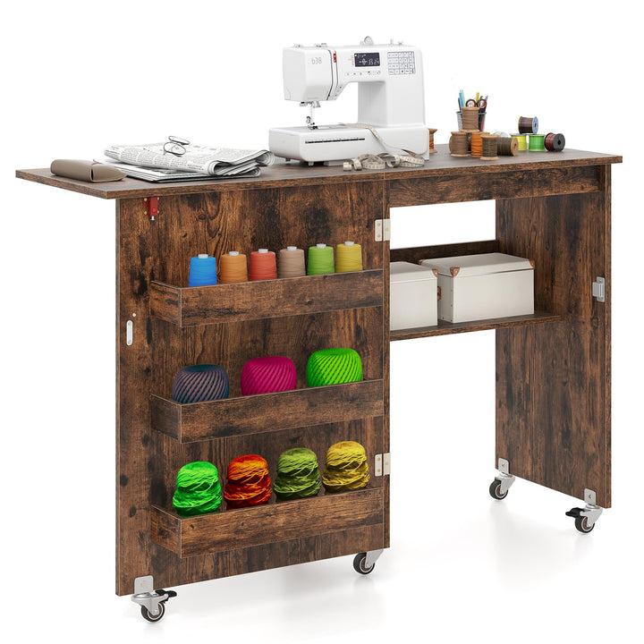 LIFEZEAL Nähmaschinenschrank klappbar, Nähschrank 2 in 1, Schreibtisch Holz mit Haken, Ablage &amp; Roll