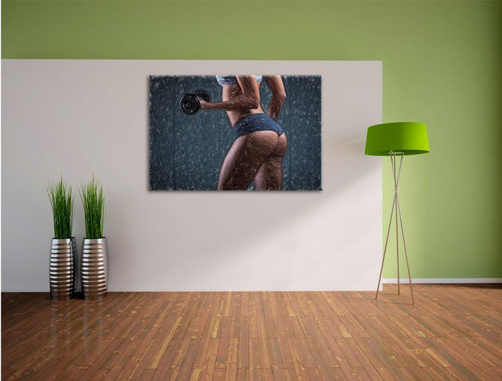 Pixxprint sportliche Frau mit Hanteln als Leinwandbild/Grösse: 100x70 / Wandbild/Kunstdruck/fertig b