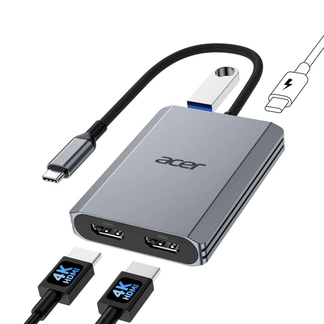 acer USB C auf Dual HDMI Adapter 4K@60Hz, 4-in-1 USB C Hub Multiport Adapter mit 100W PD, USB 3.0, H
