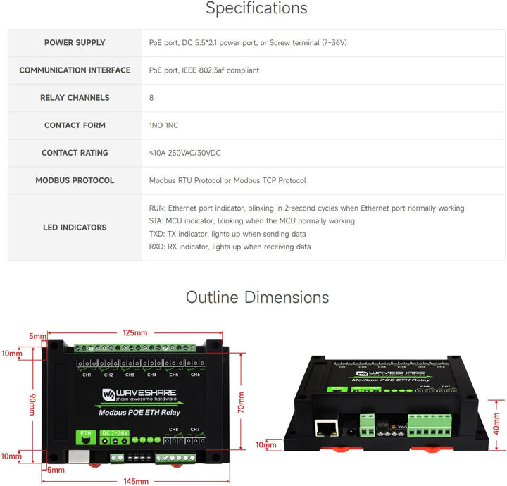 Waveshare 8-Ch Ethernet Relay Module, Modbus RTU/Modbus TCP Protocol, PoE Port Communication, with V