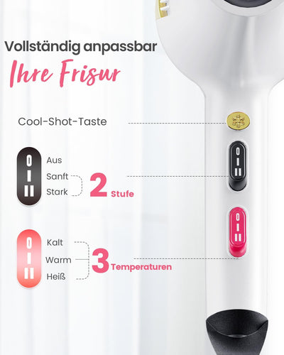 Dekuri Föhn Ionen, Profi Fön Haartrockner Hair Dryer Haarföhn mit 1 Diffusor 2 Stylingdüse, 3 Heiz u