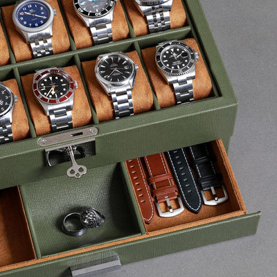 ROTHWELL Leder-Uhrenbox 10 Fächer mit Schublade, Luxus-Uhrenetui mit weichen Kissen, abschliessbarer