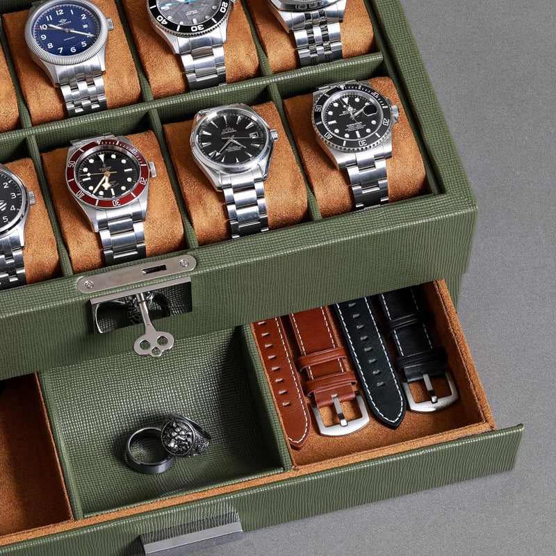 ROTHWELL Leder-Uhrenbox 10 Fächer mit Schublade, Luxus-Uhrenetui mit weichen Kissen, abschliessbarer
