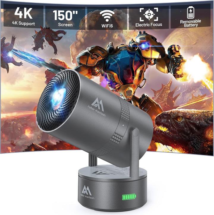 [Eingebauter Akku] Aubor Mentech Mini Beamer 4K Heimkino, Mini Projektor, Beamer WiFi6 und BT5.2 mit