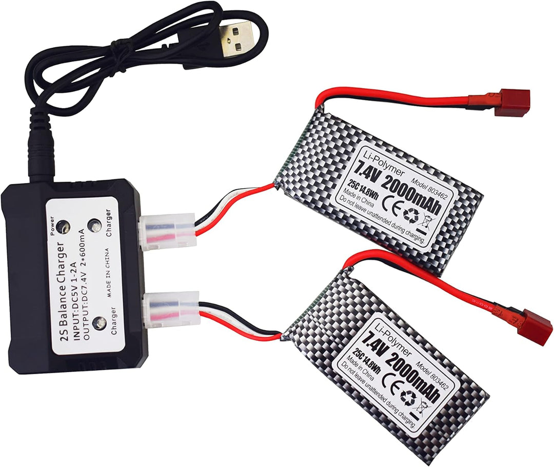 2PCS 7,4V 2000mAh T-Stecker Lithium-Akku + 2-in-1-Ladegerät für 9200 9200E HB101 200E 9202E 9203E 92