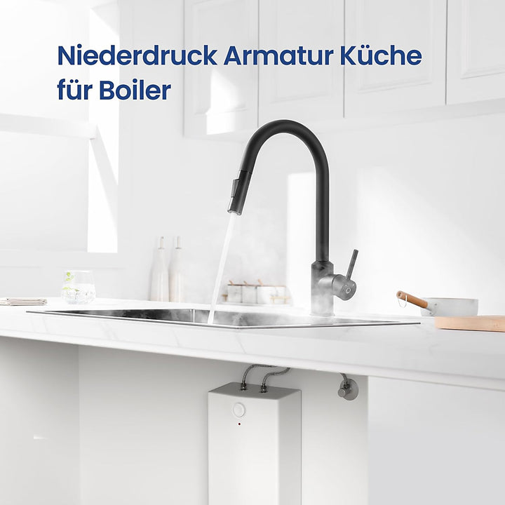 CECIPA Niederdruck Armatur Küche Schwarz, Wasserhahn Küche 3 Anschlüsse mit Hohem Bogen, 360°Schwenk