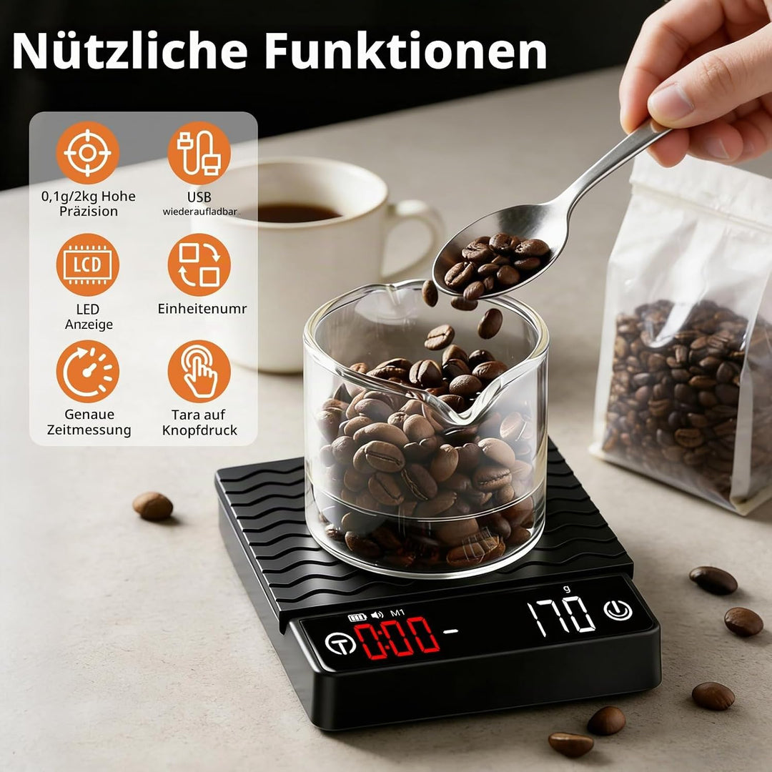 Kaffee Waage mit Timer, Espresso Waage 2kg/0,1g Präzisionswaage, Wiederaufladbare Küchenwaage mit LE
