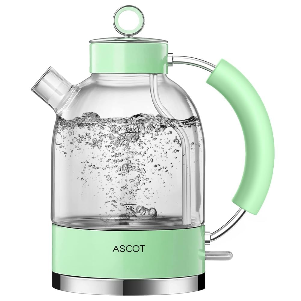 Wasserkocher Glas, ASCOT Elektrischer Wasserkocher Edelstahl, 2200W, 1,5L, leiser Schnellkochkessel,