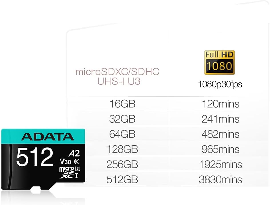 ADATA Premier Pro 512GB microSDXC/SDHC UHS-I U3 Class 10(V30S) Speicherkarte, schwarz 100/80 MB/s 51