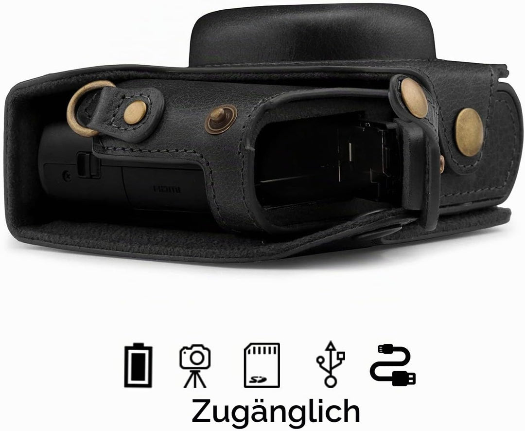 MegaGear Panasonic Lumix DC-TZ100, TZ200 Ever Ready Echtleder Kamera-Case mit Trageriemen - Schwarz,