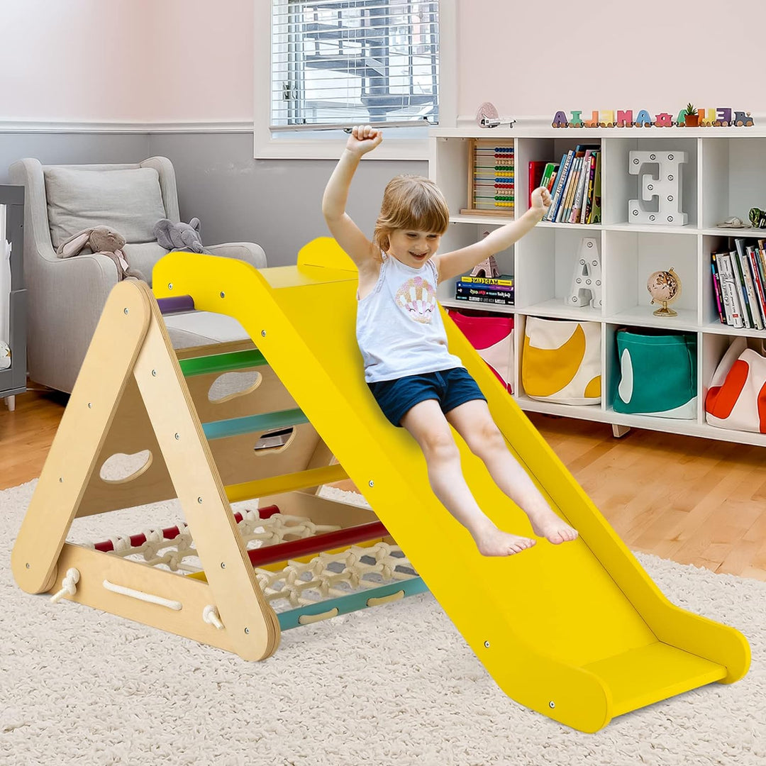 GOPLUS 3 in 1 Kletterdreieck mit Rutsche, Klettergerüst mit Leiter & Netz & Brett für Kinder, Indoor