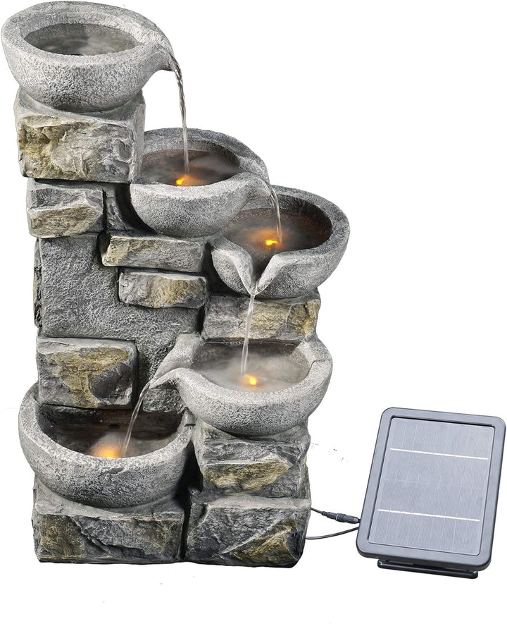 Solar-Wasserbrunnen für den Garten aus Stein mit Ornamenten und LEDs PT-SF0003