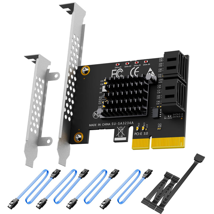 GLOTRENDS SA3234-C 4-Port PCIe X4 SATA Erweiterungskarte mit SATA- und Stromkabeln, kompatibel mit W
