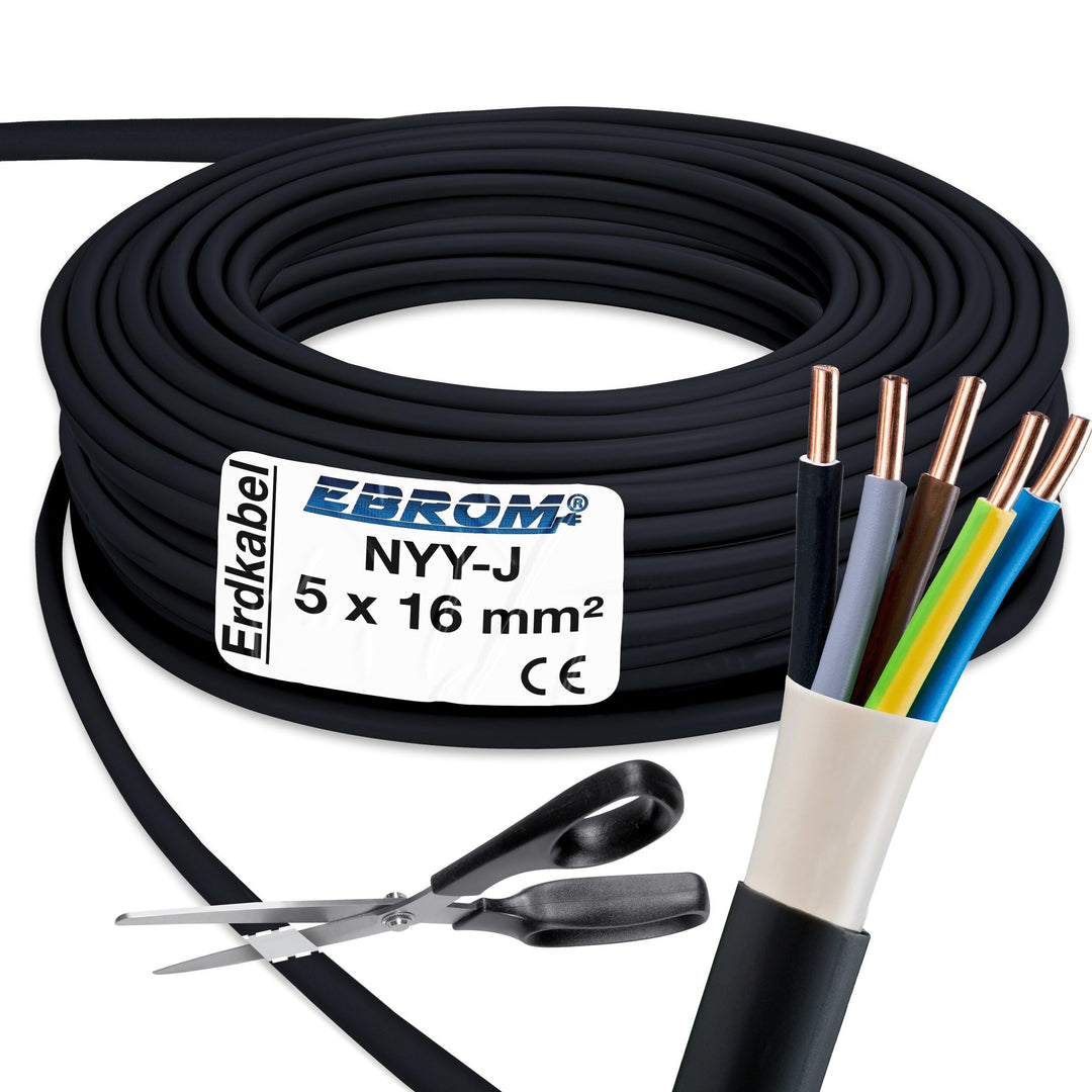 EBROM Erdkabel NYY-J 5x16 mm² - Starkstromkabel - PVC Erdleitung - schwarz - Meterware auf den Meter