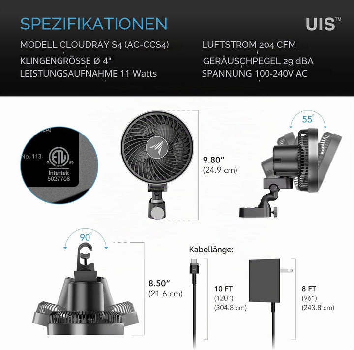 AC Infinity CLOUDRAY S4, ultrakompakter Wachstumszelt-Clip-Lüfter, 10,2 cm, Präzision 10 Dy-namische