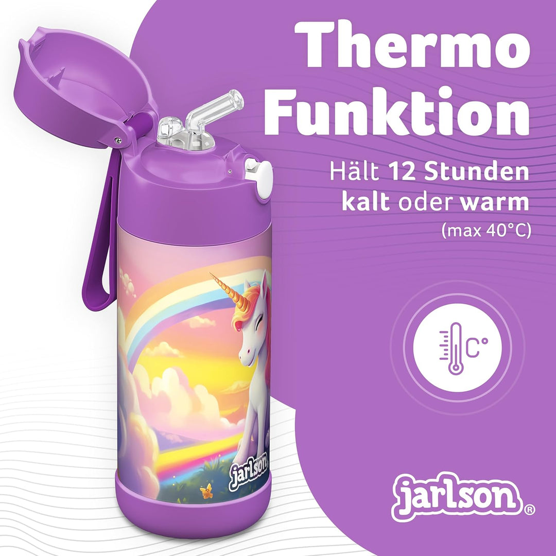 JARLSON® Trinkflasche Kinder Edelstahl "CHARLI" mit Strohhalm - Thermosflasche 350ml - TÜV geprüft -