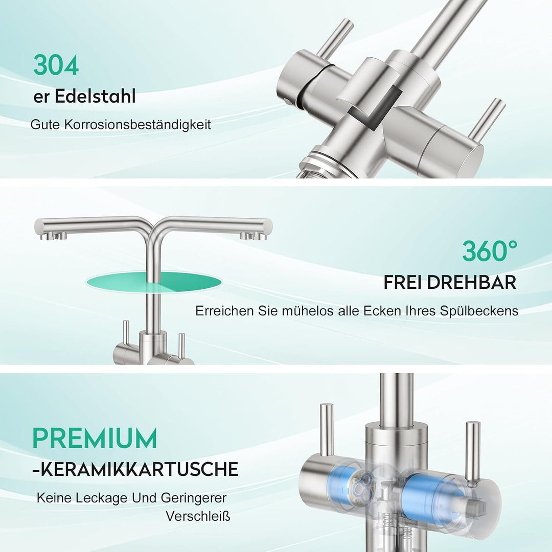 CREA 4 Wege Wasserhahn Küche, Küchenarmatur mit Sodawasser, 360° Drehbar Vier Wege Mischbatterie Küc