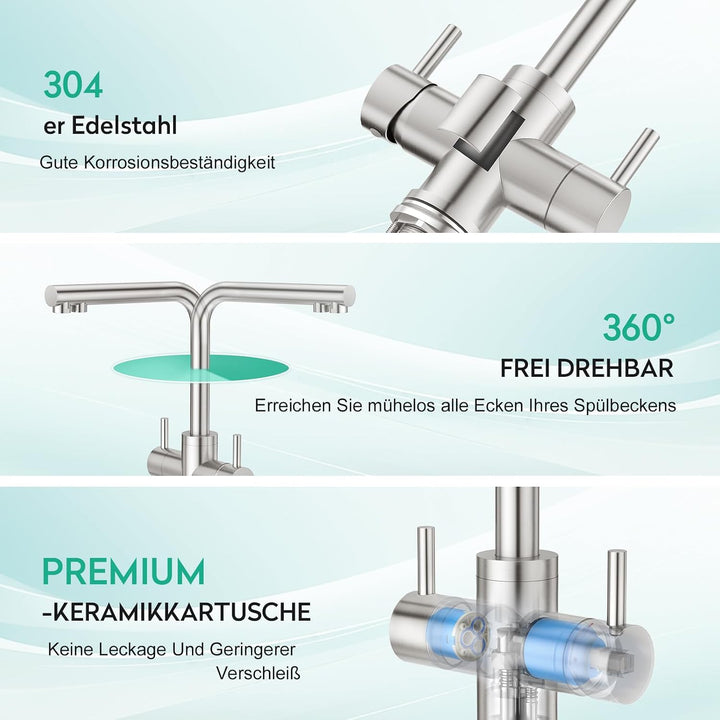 CREA 4 Wege Wasserhahn Küche, Küchenarmatur mit Sodawasser, 360° Drehbar Vier Wege Mischbatterie Küc