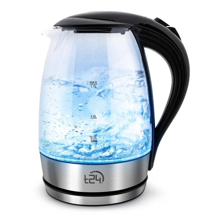 T24 LED Glas Wasserkocher 1,7 Liter mit LED-Beleuchtung, Trockenlaufschutz, BPA frei, 2200W (silber)