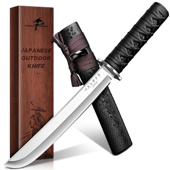 Purple Dragon Messer Outdoor Japan - D2 Samurai Messer mit Holzscheide schwarz, schwarz