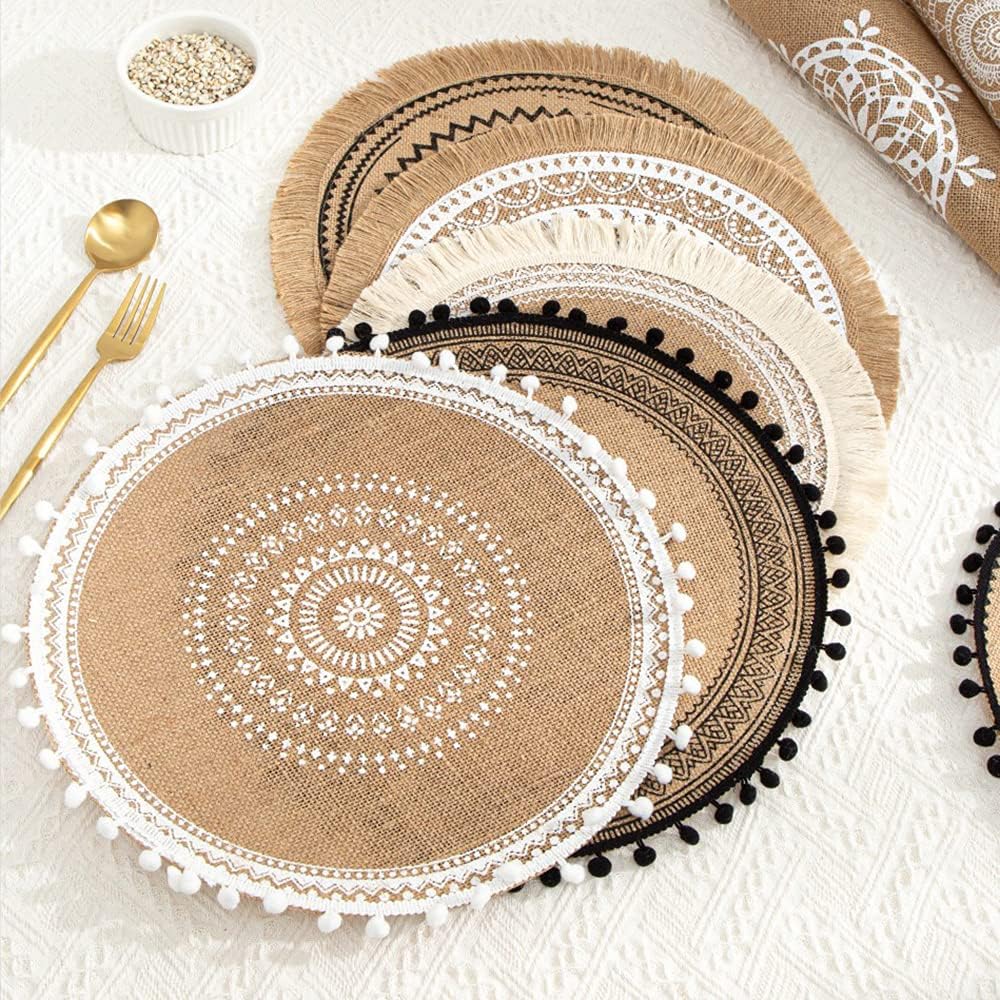 Rund Gewebte Platzset,Boho Tischsets,Jute Tischsets mit Mandala Quaste,Böhmen Farmhouse Retro Restau
