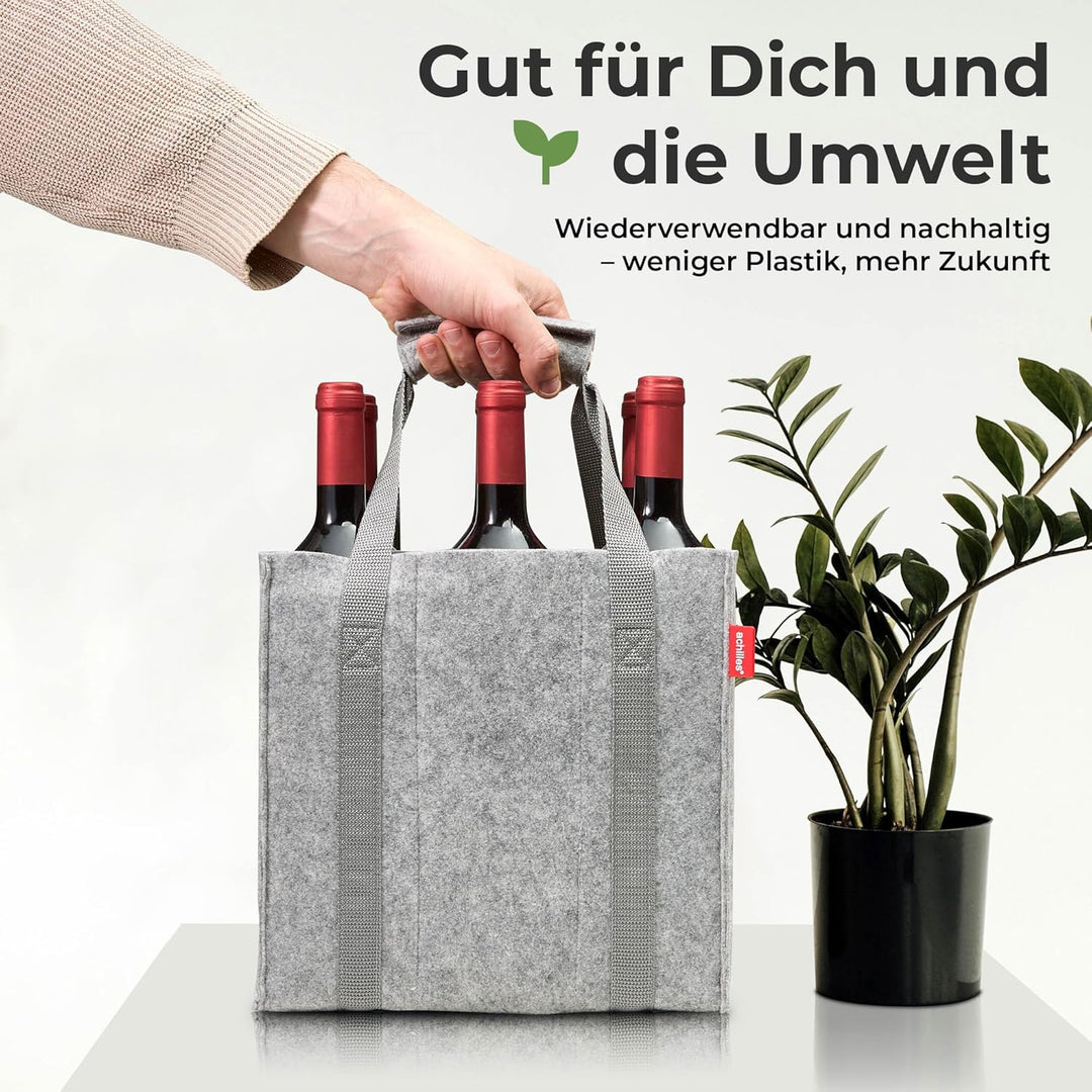 achilles Flaschentasche 6 Fächer je 1,5 Liter – 100% recycelter Filz – Reissfester Flaschenkorb – Fa