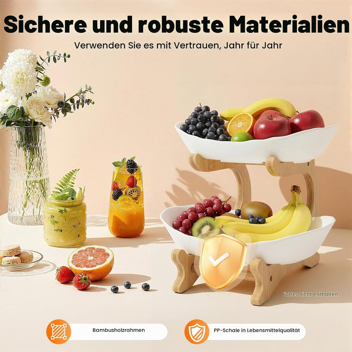 Obstschale Obstserviertablett, brotkorb Bambusholzrahmen, 2 lebensmittelechte PP-Schalen, Frisch und