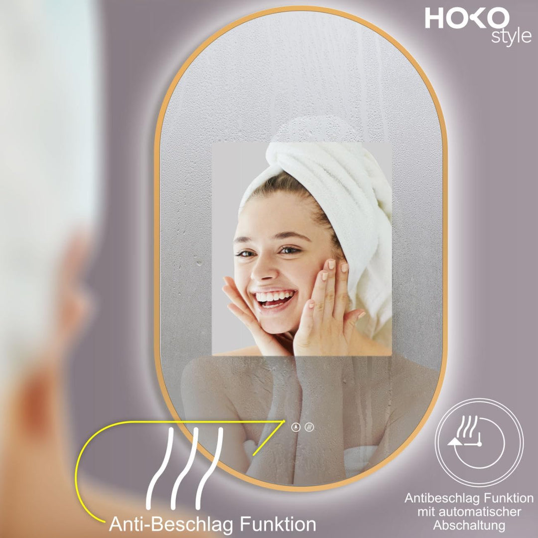 HOKO Design LED Antibeschlag Badspiegel oval 50x90 cm / 90x50 cm Carrara mit Metall Rahmen Gold. HOC