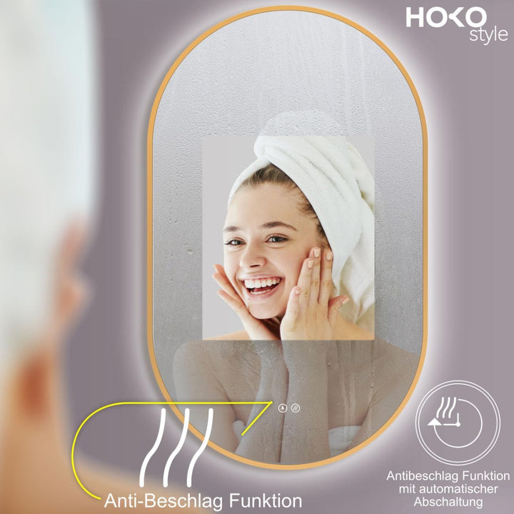 HOKO Design LED Antibeschlag Badspiegel oval 50x90 cm / 90x50 cm Carrara mit Metall Rahmen Gold. HOC
