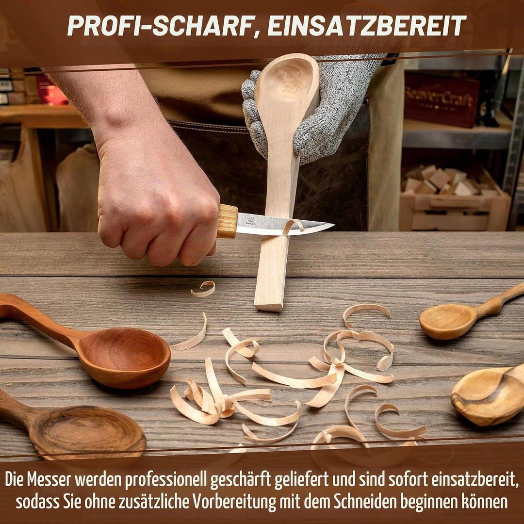 BeaverCraft S13L Holzschnitzerei Werkzeuge Set für Löffelschnitzen 3 Messer in Werkzeugsrolle Abzieh
