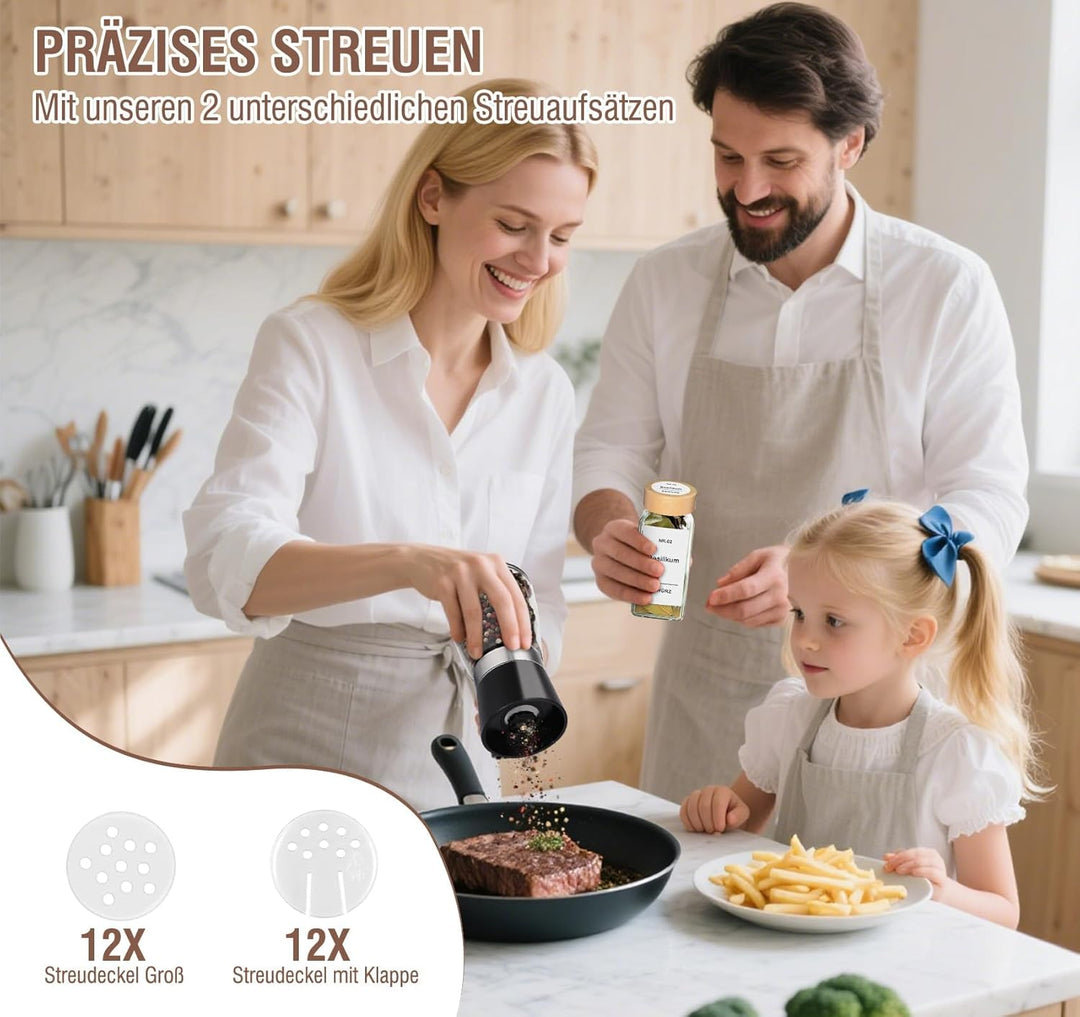 24 Gewürzgläser Eckig Set mit Bambusdeckel 10,5 x 4,5 cm Gewürz Organizer mit Gewürzmühle und 200 We