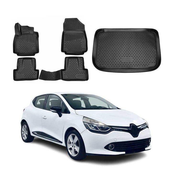 Fussmatten & Kofferraumwanne Set kompatibel mit Renault Clio 2012-2019 Gummi TPE Schwarz 5X Clio 201