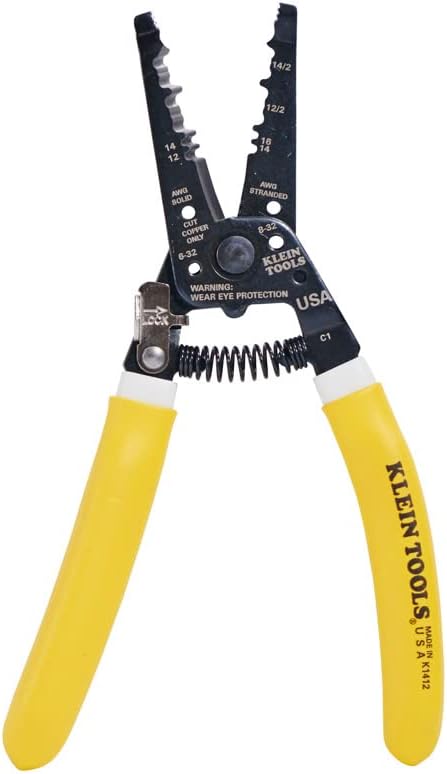 Klein Tools K1412 Wire Cutter/Wire Stripper, Dual NM Cable,Yellow/White, Strips 12 and 14 AWG Solid