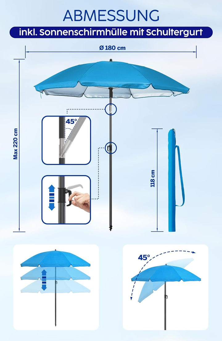 4smile Sonnenschirm Strand Ø 180 cm, Blau, Sonnenschirm Balkon | Strandschirm windfest stabil, Balko