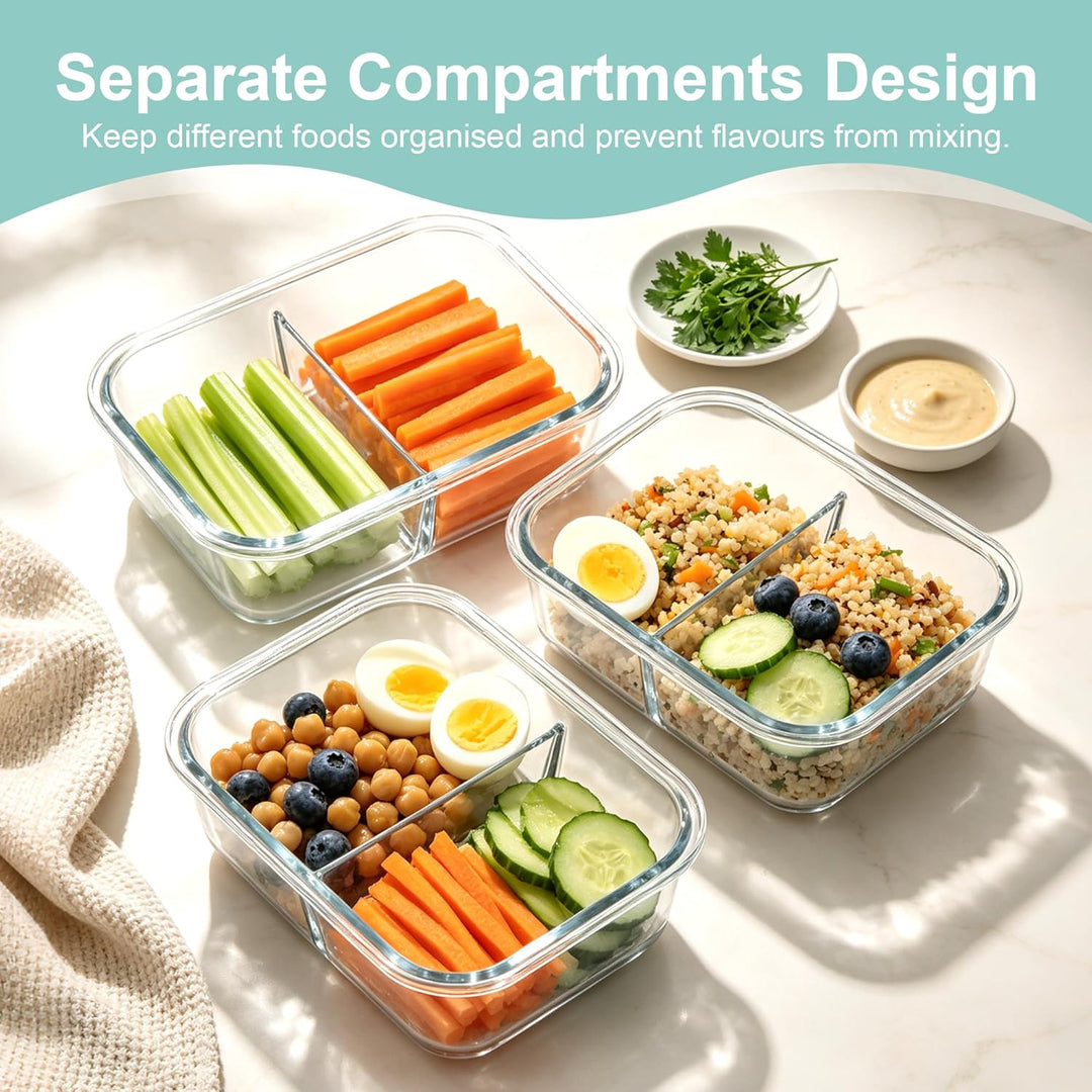 Zocipro 5 Stück Meal Prep Boxen Glas 1040ml mit 2 Fächern | Glasbehälter mit Deckel, Frischhaltedose