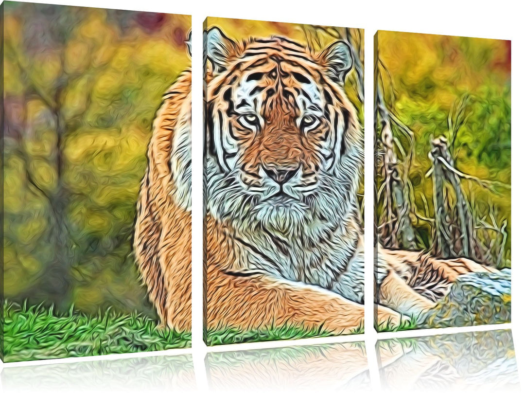 schöner Tiger auf Wiese NewArt 3-Teiler Leinwandbild 120x80 Bild auf Leinwand, XXL riesige Bilder fe