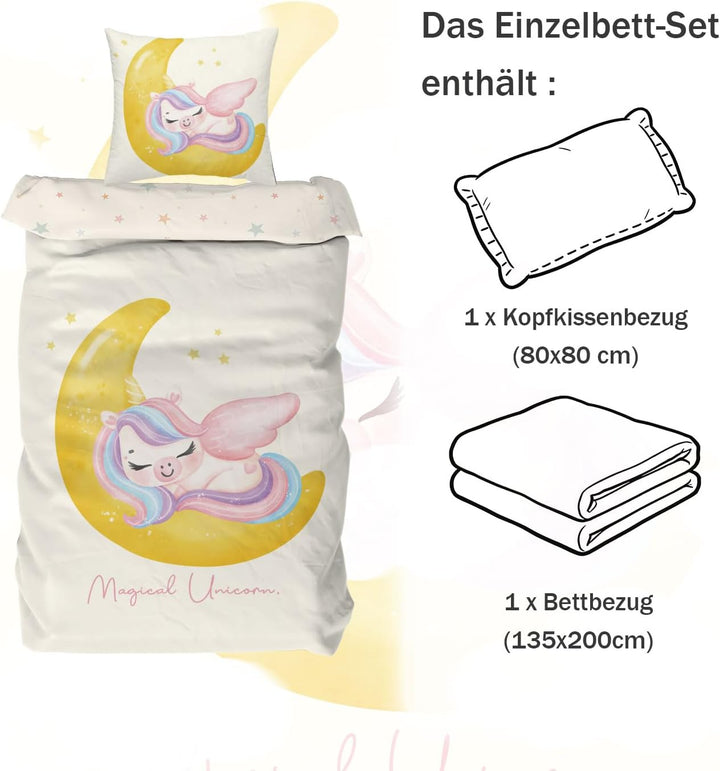 DJDEA Mond-Einhorn Bettwäsche Kinder 135x200 Mädchen Weich Mikrofaser,Einhorn Motiv Kinderbettwäsche