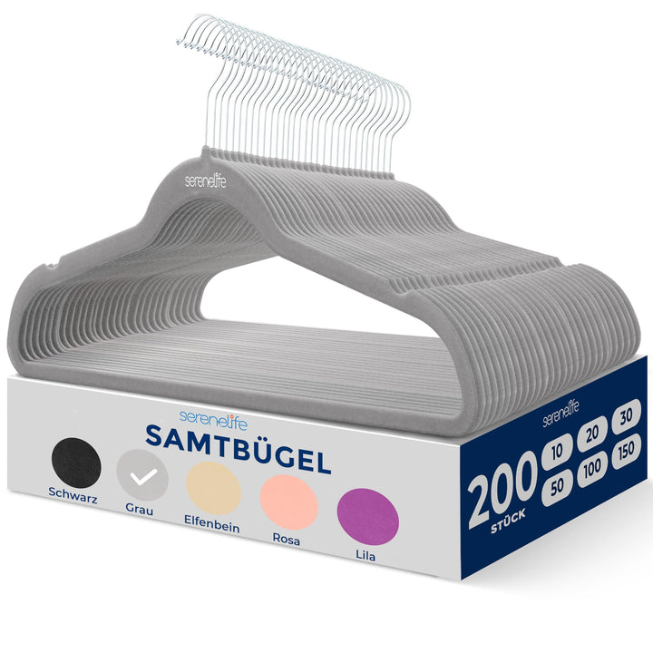 SereneLife Samt Kleiderbügel Grau 200 Stück, Kleiderhaken Bügel 360° drehbarer Haken, Bügel rutschfe