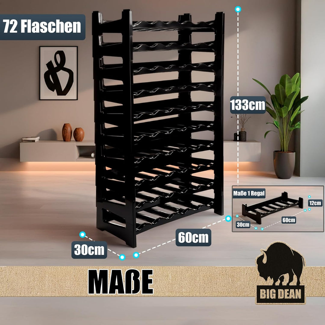 BigDean Flaschenregal stapelbar für 72Flaschen Weinregal aus Kunststoff Schwarz Getränkeregal Flasch