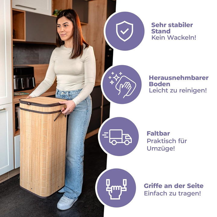 Tropi® Bambus Müllsackständer für Gelbe Säcke – 80L Gelber Sack Ständer mit Deckel & Sichtschutz – E
