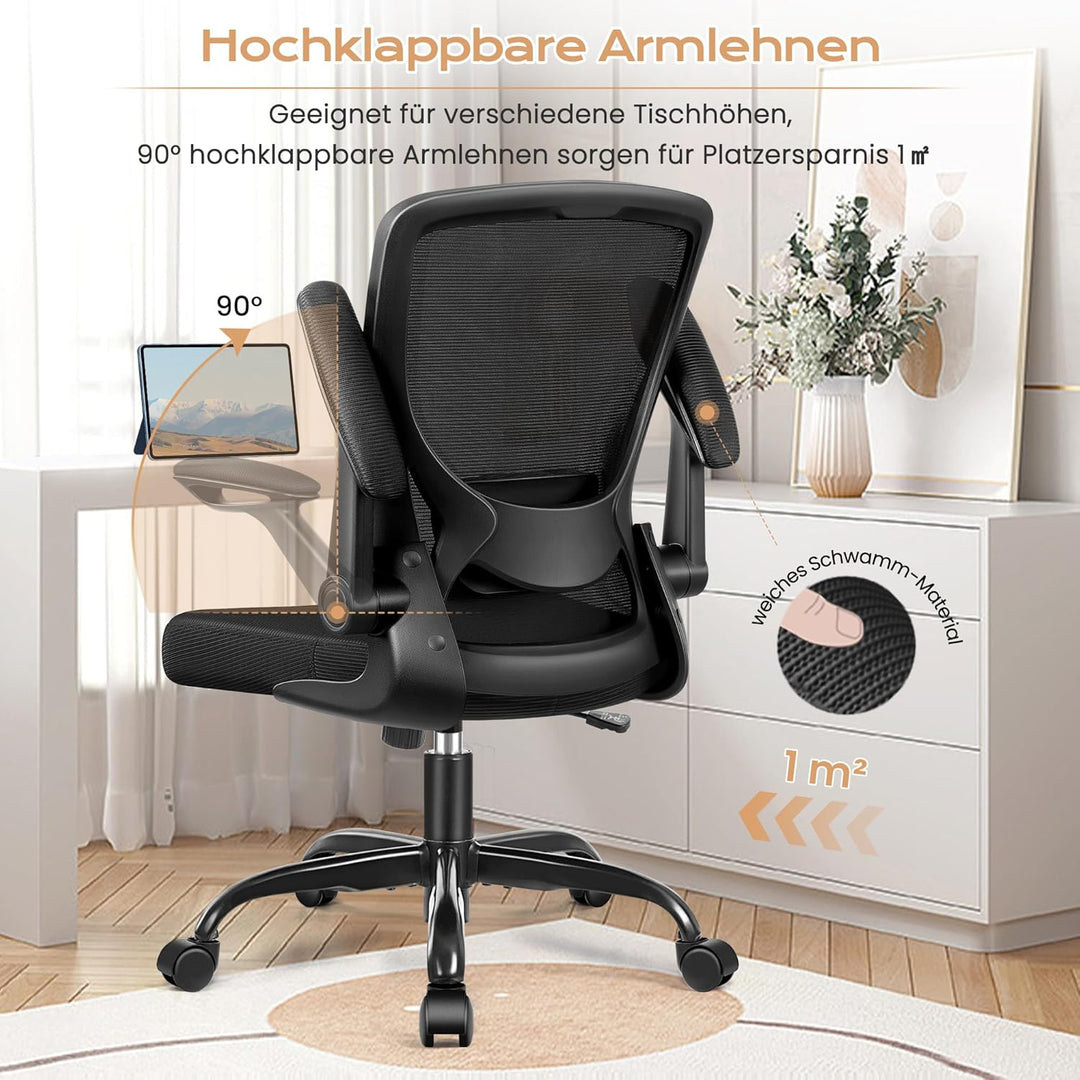 KERDOM Bürostuhl, Ergonomischer Schreibtischstuhl mit Klappbaren Armlehnen, 360° Drehstuhl Mesh Comp