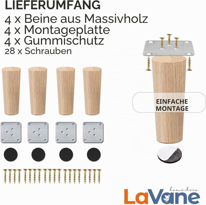 25cm Holz Tischbeine, La Vane 4 Stück Massivholz Konisch Ersatz Möbelfüsse Möbelbeine mit Montagepla