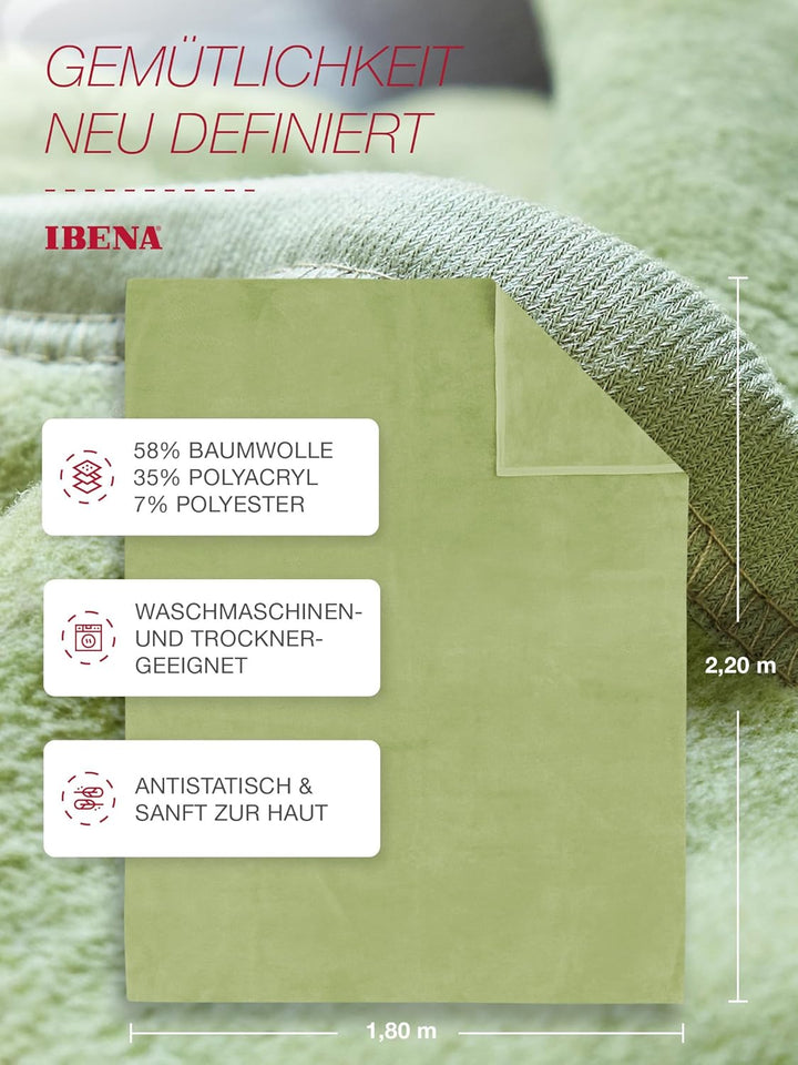 Ibena Porto XXL Decke 180x220 cm – Baumwollmischung weich, warm &amp; waschbar, Tagesdecke grün einfarbi