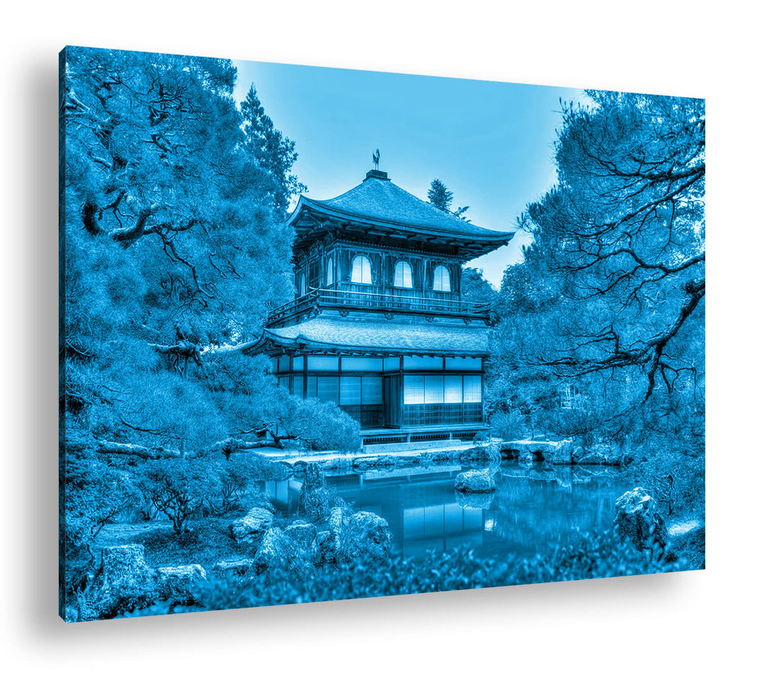 deyoli asiatisches Landhaus Format 80x60 Effekt: Monocrome Blau als Leinwandbild, Motiv fertig gerah