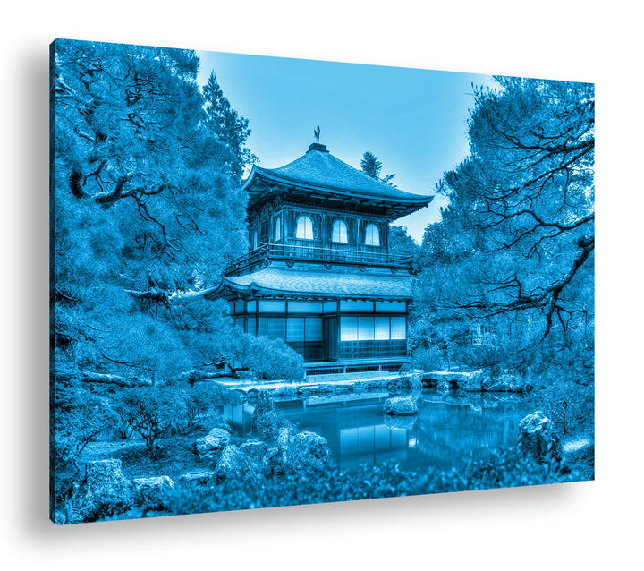 deyoli asiatisches Landhaus Format 80x60 Effekt: Monocrome Blau als Leinwandbild, Motiv fertig gerah