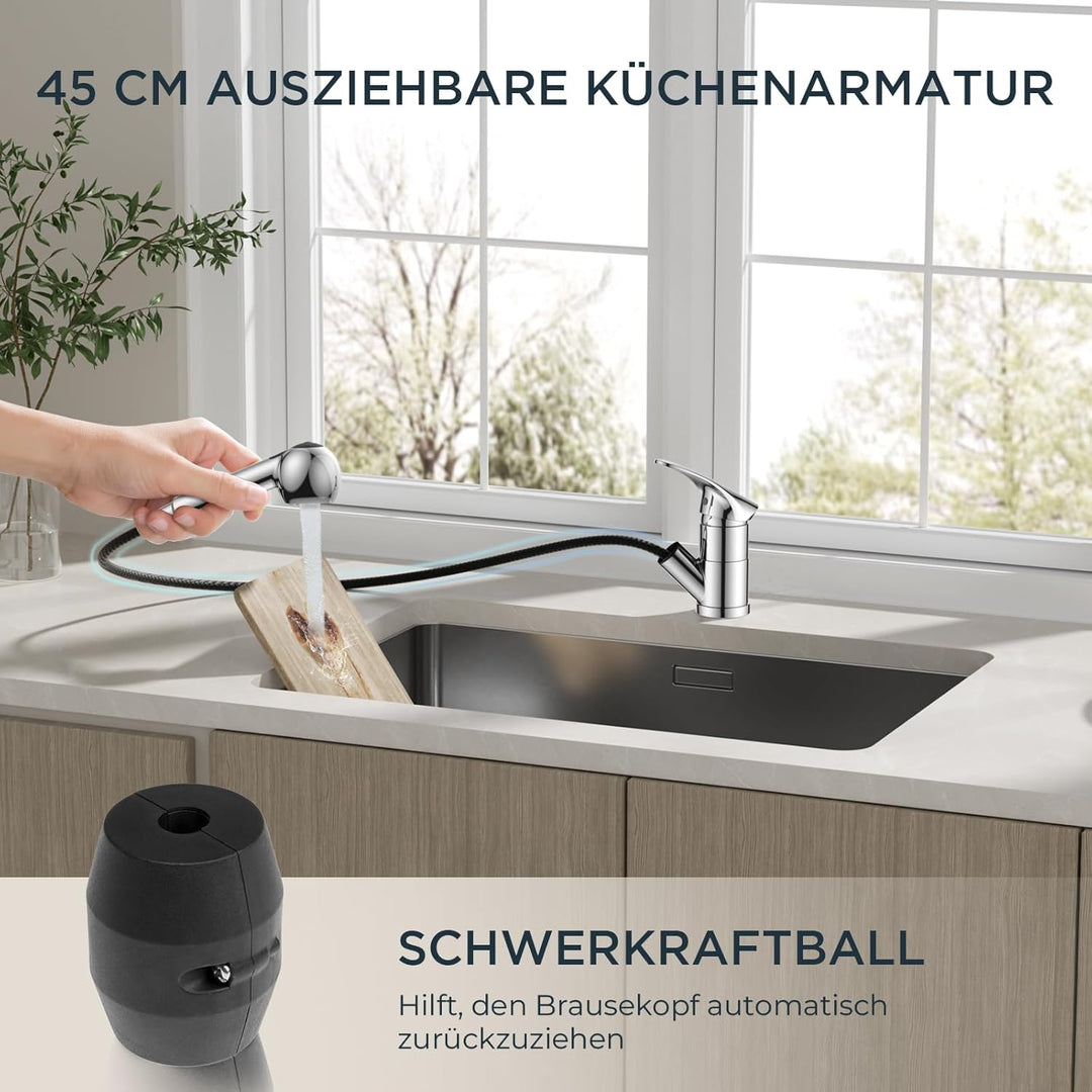 FORIOUS Wasserhahn Küche Polierter Chrom, Edelstahl Spültischarmatur mit Brause, Einhebelmischer Küc