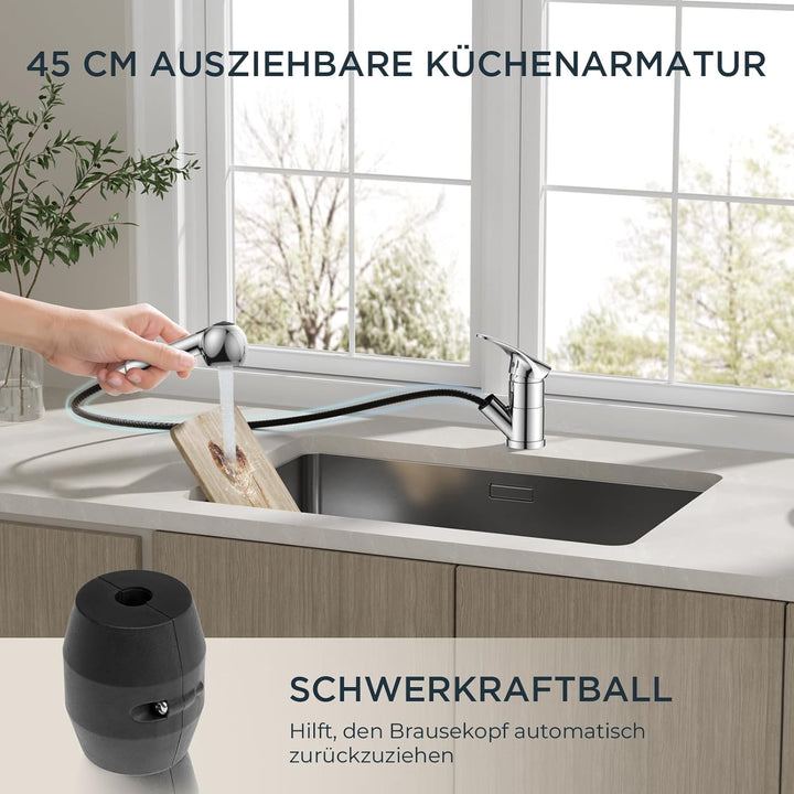 FORIOUS Wasserhahn Küche Polierter Chrom, Edelstahl Spültischarmatur mit Brause, Einhebelmischer Küc