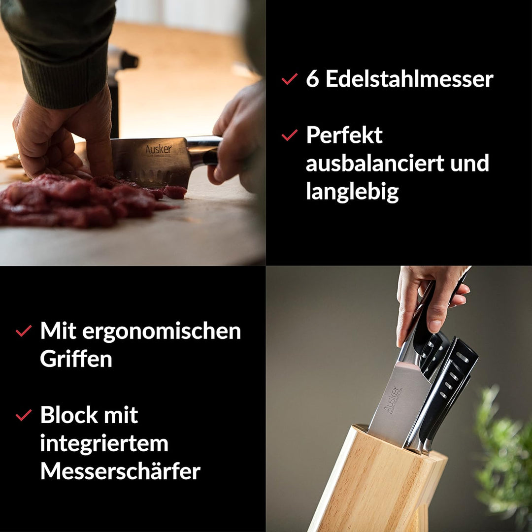 Edelstahl-Messerset mit selbstschärfendem Messerblock - Schälmesser, Santokumesser, Vielzweckmesser,