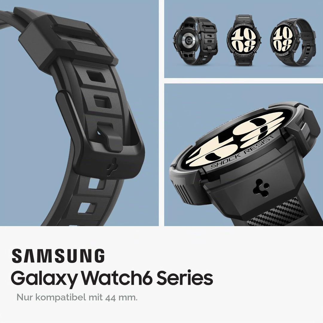 Spigen Rugged Armor Pro Hülle mit Armband Kompatibel mit Samsung Galaxy Watch 6 44mm 2023 - Schwarz